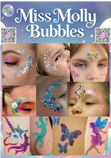 Examples of Miss Molly’s face gems, glitter designs, and glitter tattoos
